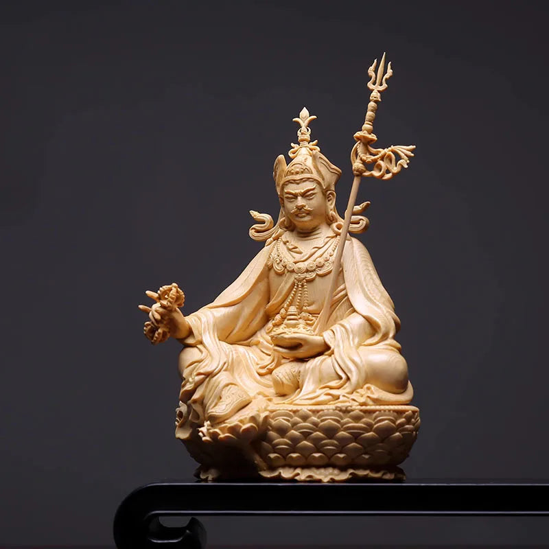 Wood carved padmasambhava statue guru rinpoche tibetan buddhism sculpture for home or shrine decor - light grey