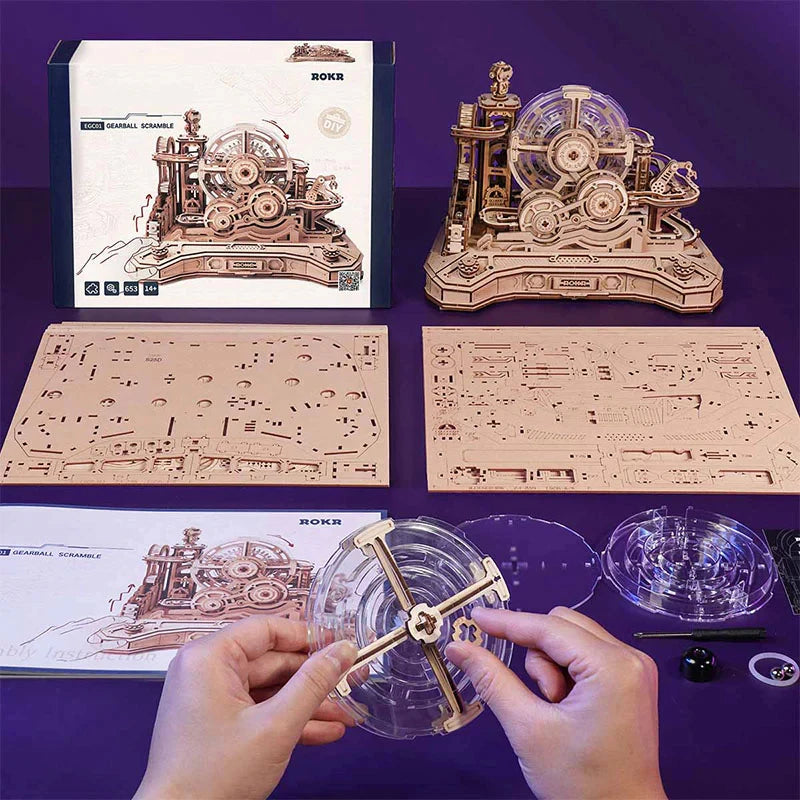 Robotime rokr gearball scramble 3d wooden puzzle rotating gear brain teaser engineering educational puzzleball