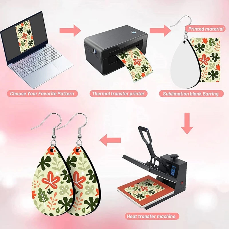 Free shipping 50pairs/lot teardrop double sides sublimation wooden trendy fashion hoop earrings for women girl diy