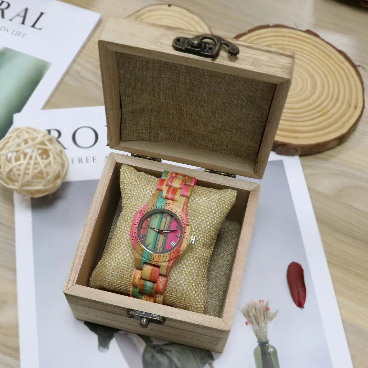 Women’s watches multicolor bamboo wood bracelet natural clock quartz wrist watch for woman ladies gifts - rose / china