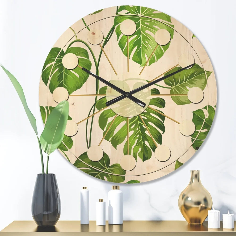 Mid century modern wood wall clock tropical leaves art print ready to hang natural pine unique home decor battery