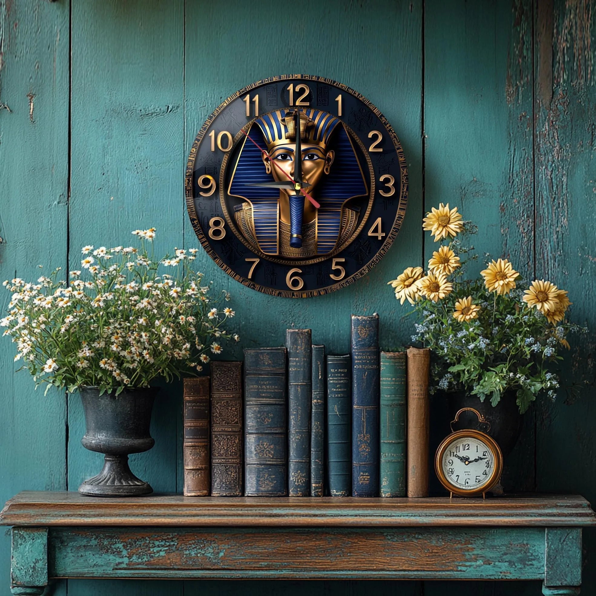 Wooden wall clock with an ancient egyptian pharaoh pattern perfect for home decor. Runs on aa batteries