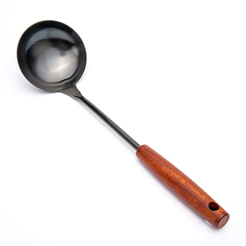 Stainless steel solid turner soup spoon wok spatula ladle with wooden handle - cooking utensils