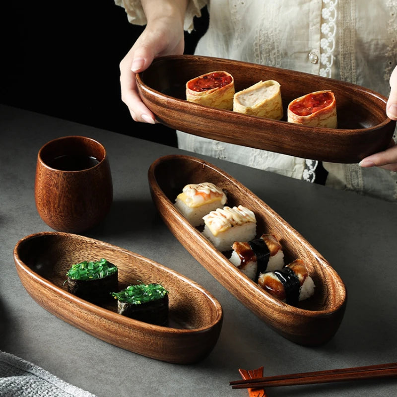 Acacia wooden bowlpremium dry fruit platesushi platenut boxtea refreshment trayfruit platesolid boat-shaped bowl