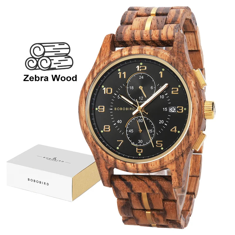Bobo bird men watches 44mm luxury quartz watch lightweight wooden case and straps for casual support customize gift box