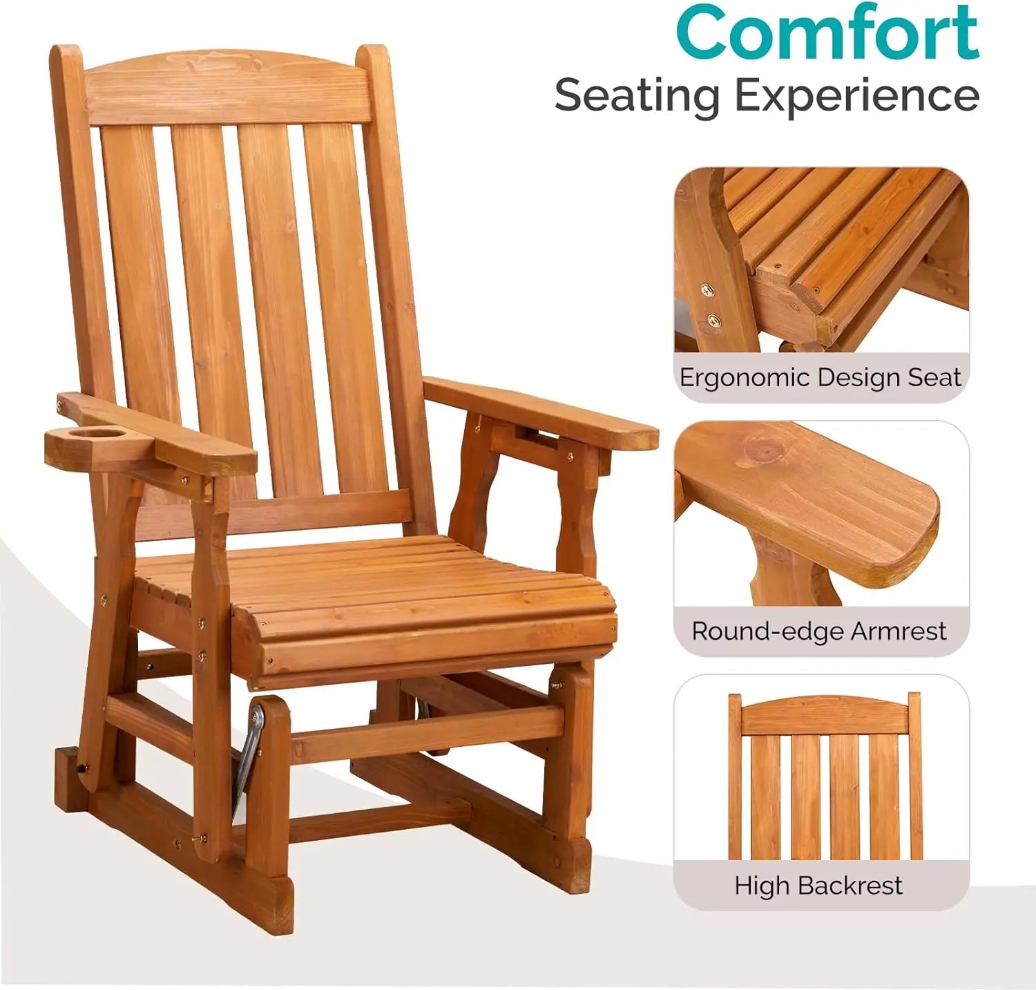 Outdoor glider chair wood patio with cup holder porch smooth rocking mechanism heavy duty 600 lbs - united states