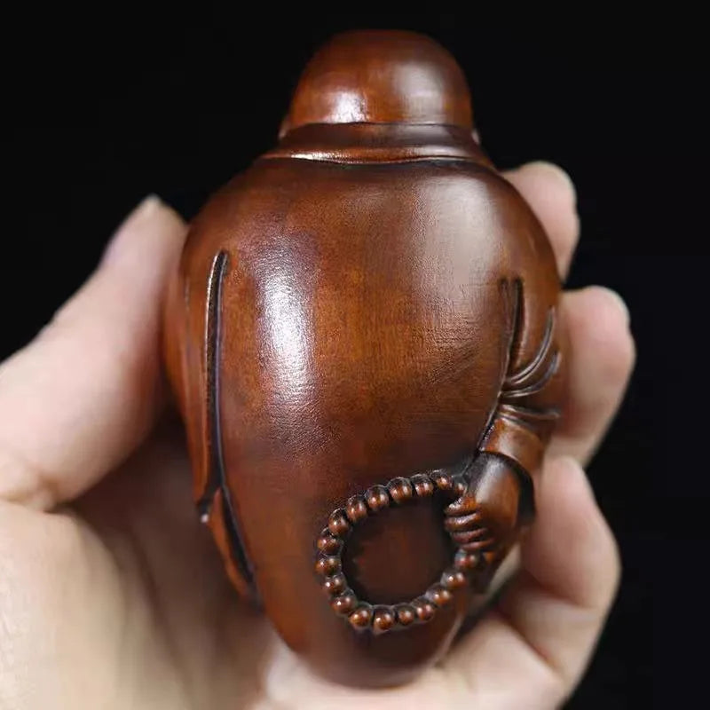 Hand-carved boxwood happy buddha statue - 2.56’’ maitreya figurine with beads wooden sculpture home decor lucky - 6.5cm