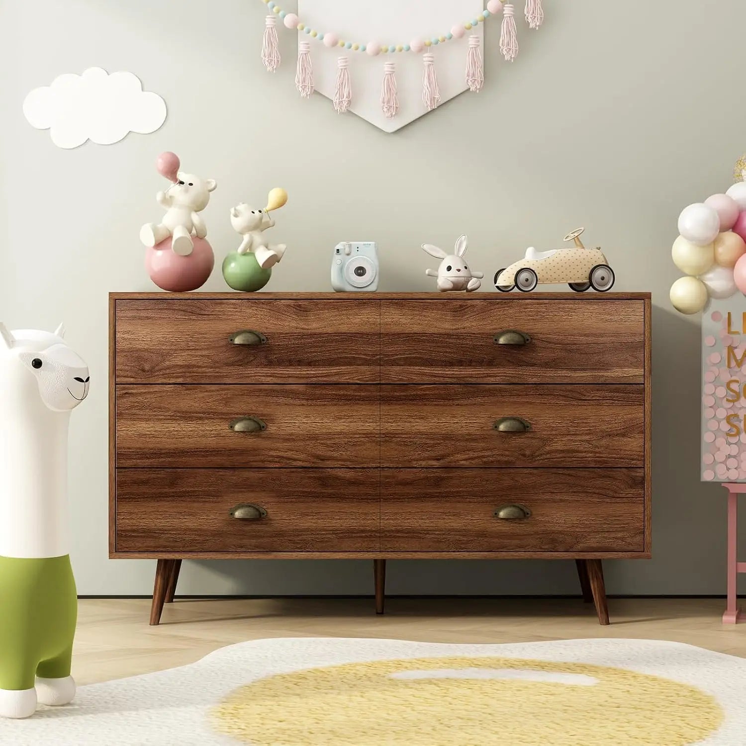 Walnut brown dresser for bedroom 6 drawer with wide drawers and metal knob wood dressers & chest of hallway entryway.
