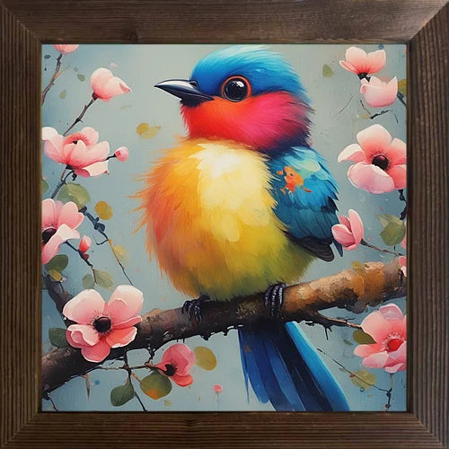 A cartoon-painted bird cool picture case with a wooden frame and oil painting that can be used for classroom festival