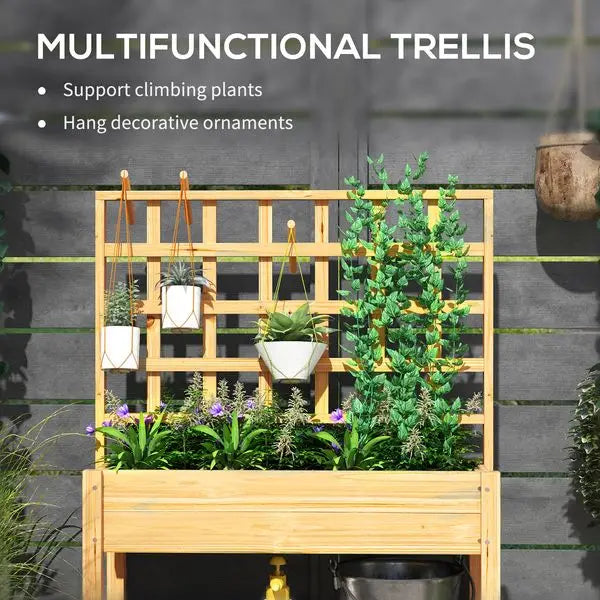 Outsunny wooden raised garden bed with trellis outdoor planter box storage shelf for vegetables flowers herbs - united
