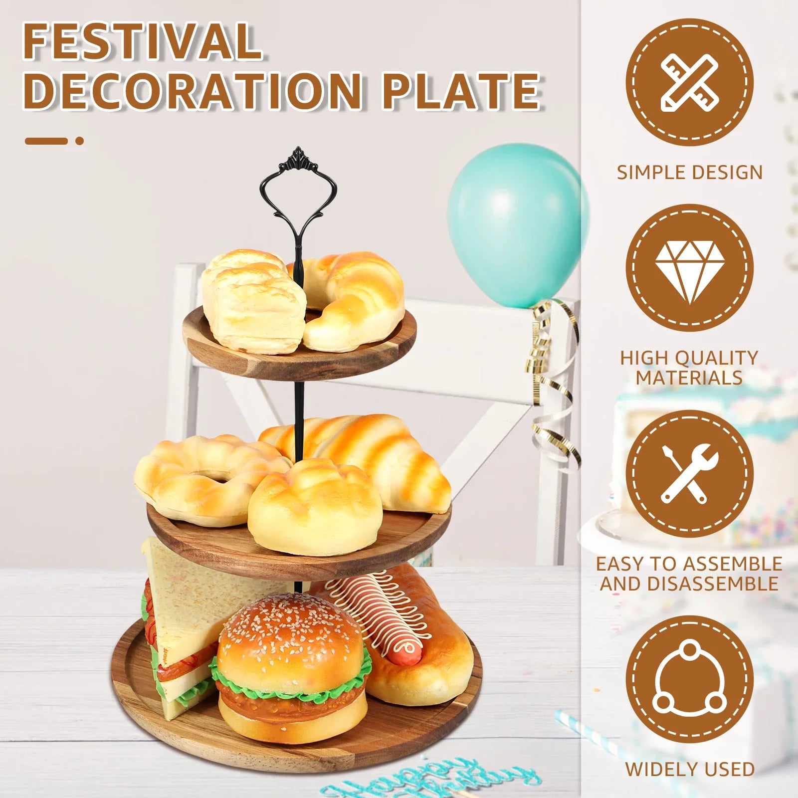 Cupcake stand with serving tray and metal rod rustic wooden tiered decorative display dessert - three layer