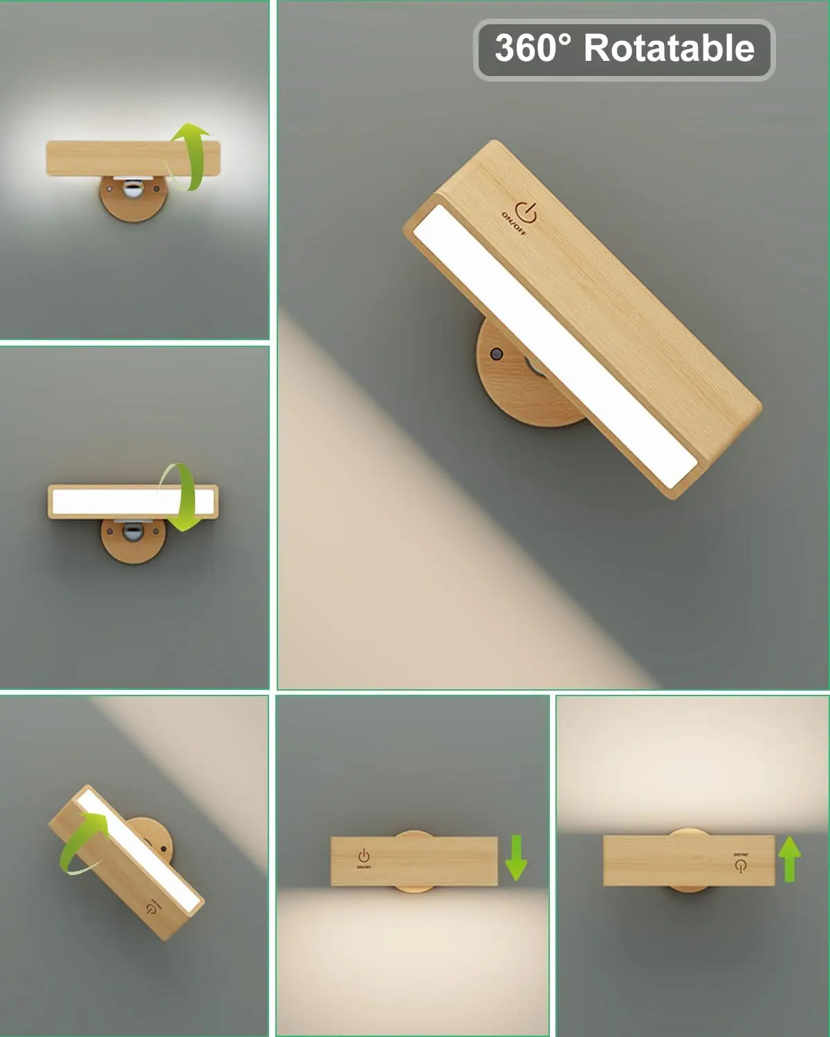 Nordic wood wall lamp with 360 rotation dimmable sconce magnetic for bedroom cordless mount light reading