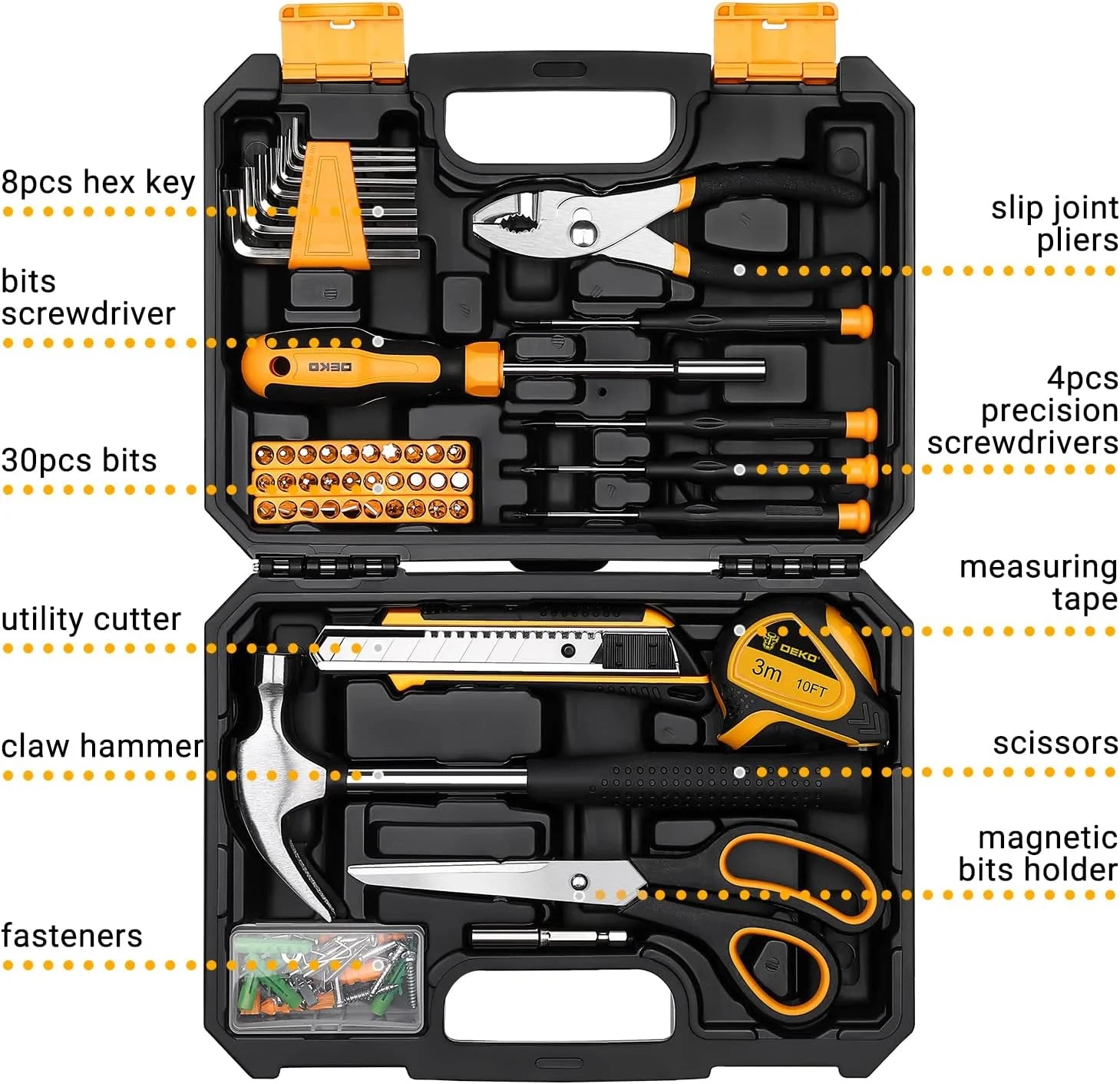 Deko general household hand tool kit with plastic toolbox storage case all purpose home 50 piece - united states