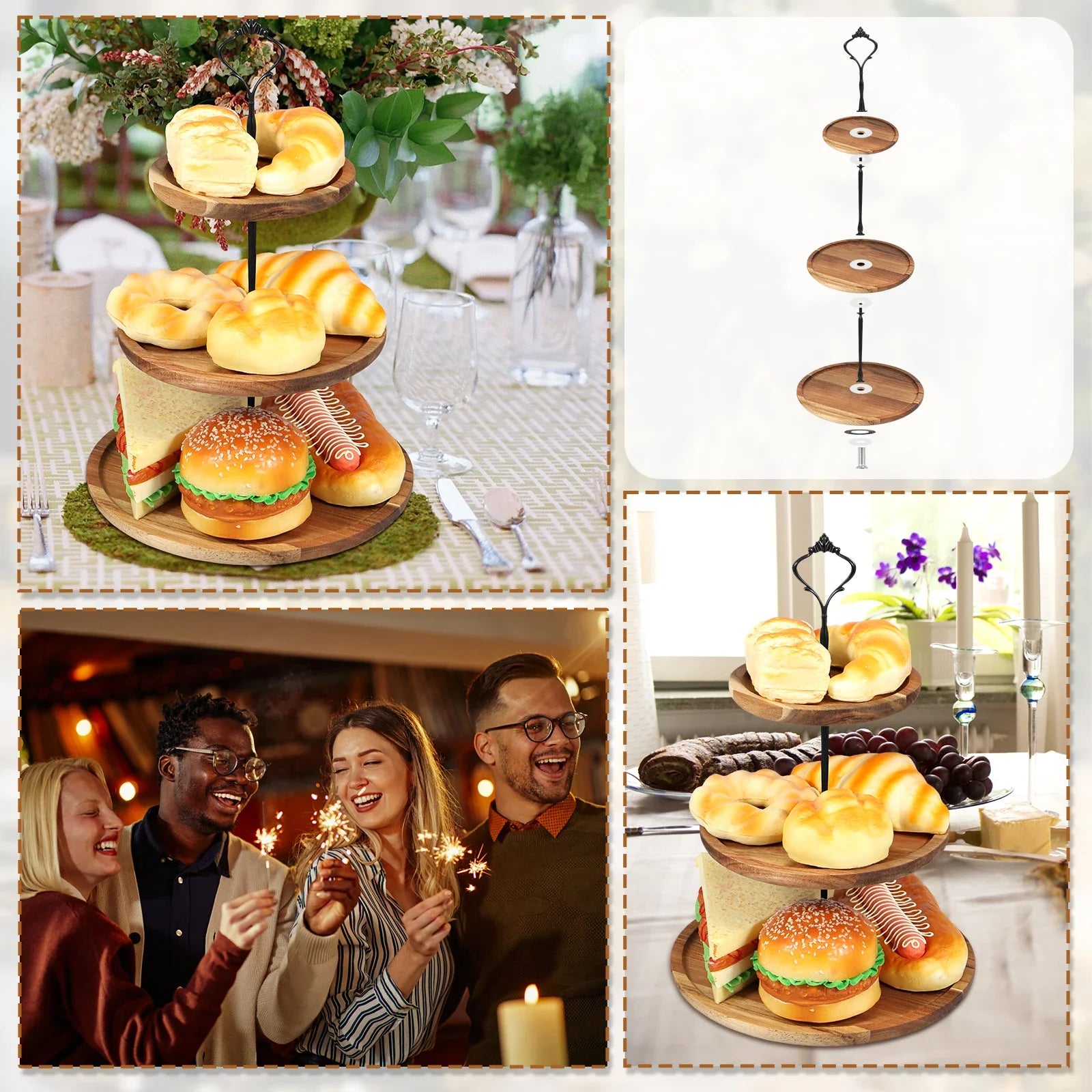 Cupcake stand with serving tray and metal rod rustic wooden tiered decorative display dessert - three layer