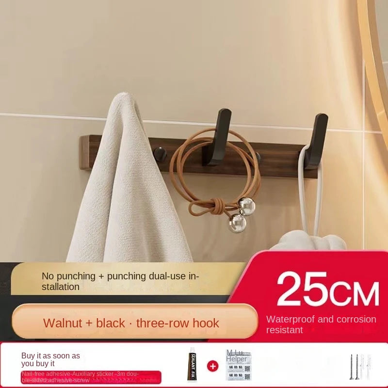 Walnut wood clothes hanging hook without punching wall cap holder door key - black-3 hooks