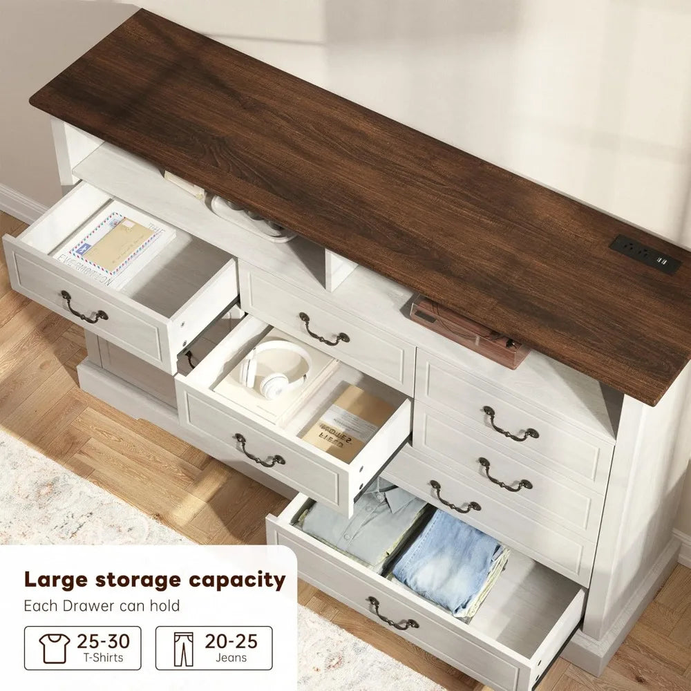 10 drawers dresser for bedroom 55.2’’wide wood white with led & power outlet large space saver chests of c