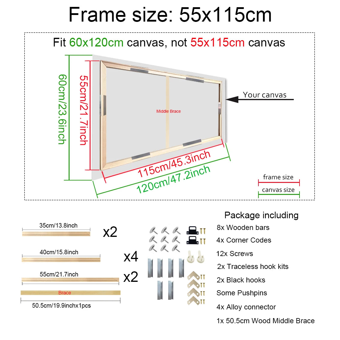 40x60 50x70 60x90 60x120 diy wood frame kit for canvas oil painting bars diamond wall art - 55x115cm