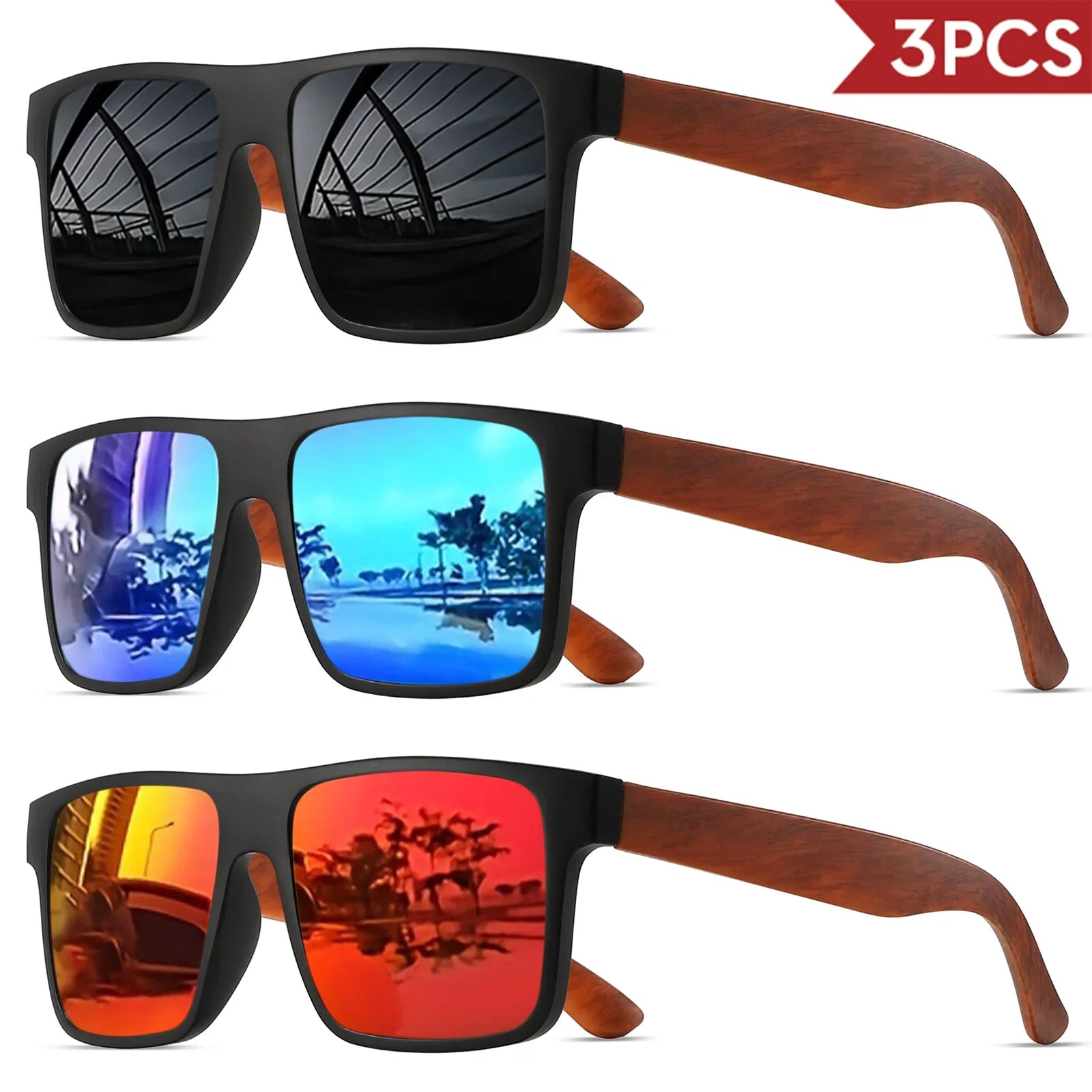 3pcs polarized retro square sunglasses - mahogany wood grain temples & spring hinges uv400 for driving/travel/outdoor