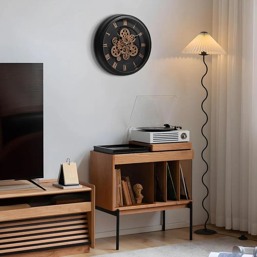 Large moving gear wall clock,16’’ vintage mechanical battery operated industrial clocks for farmhouse living room,home