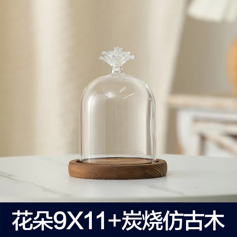 Aromatherapy candle holder ornaments dust-proof glass cover wooden base display box home decoration - flower 11cm