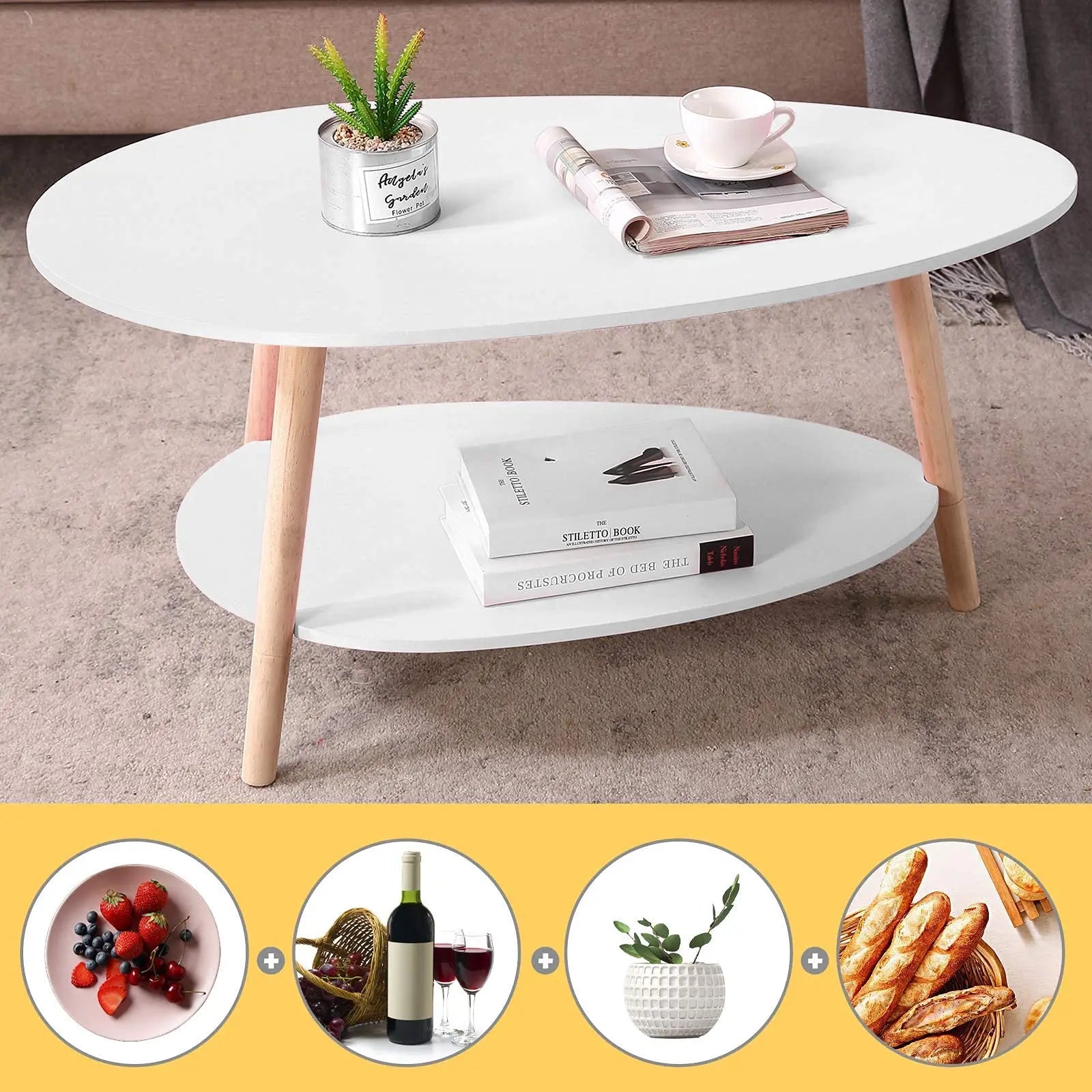 Vabches coffee table oval wood end with 2 tier open storage shelves white modern sofa side for living room furniture