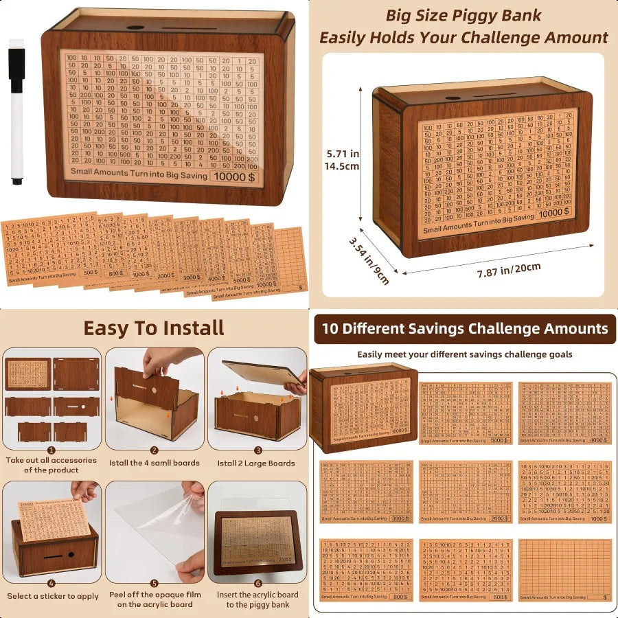 10000 kakeibo wooden money saving challenge box cash vault piggy bank for adults savings goals smash saver boys and gir