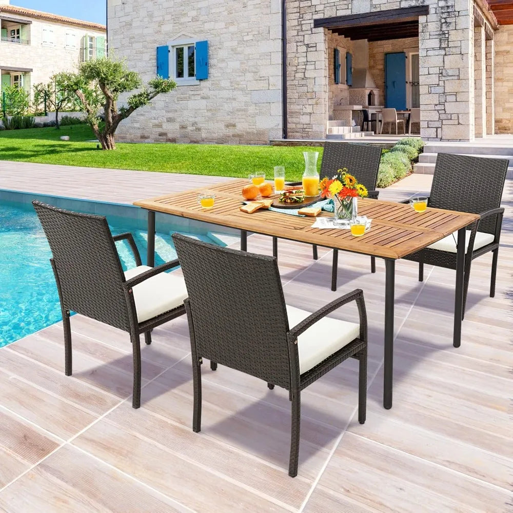 Patio acacia wood dining table for 6 persons large rectangular with metal legs umbrella hole farmhouse - naturalblack