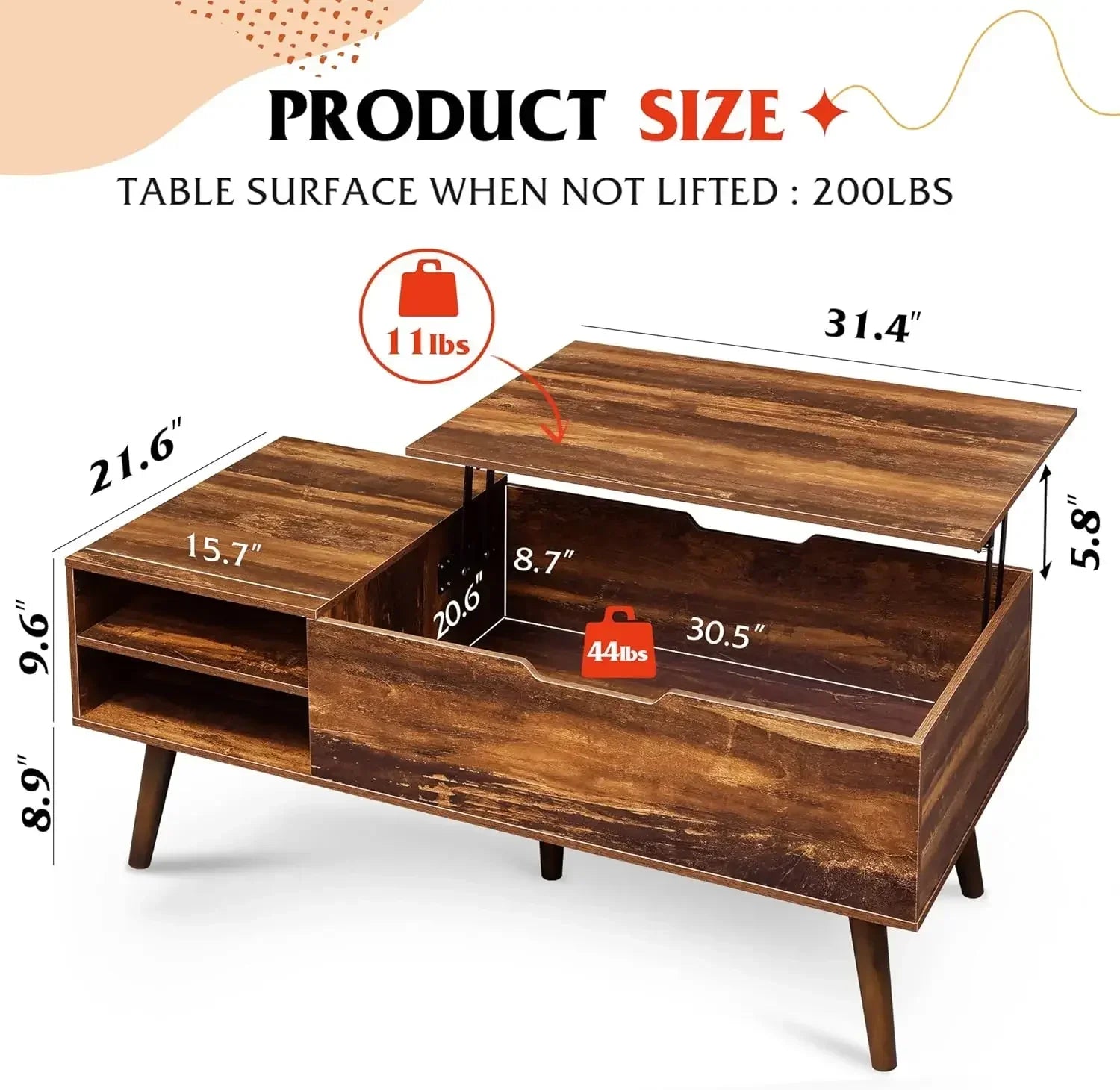 Xmsj.wood lift top coffee table with adjustable storage shelf and hidden compartment tabletop dining for living room