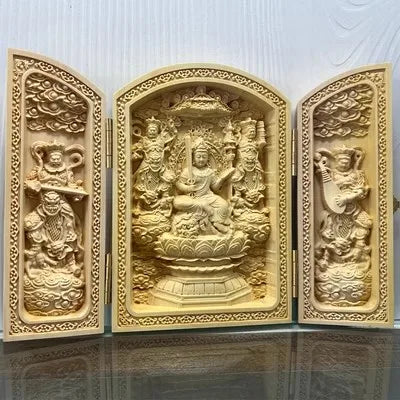 Solid wood carving three open buddha statue collapsible sculpture living room and bedroom decoration modern art - 27