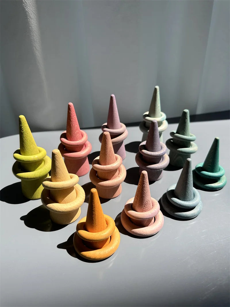 Kids large wood building rollers pastel blocks stain lime stacking cylinders forest trees rings educational creative