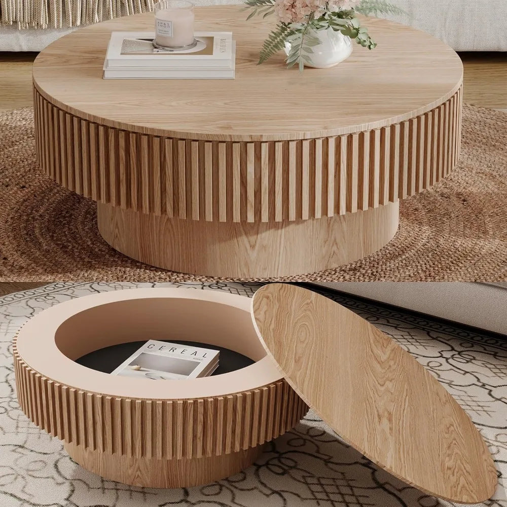 Modern circular coffee table with storage luxury drum style center solid wood veneer accent side