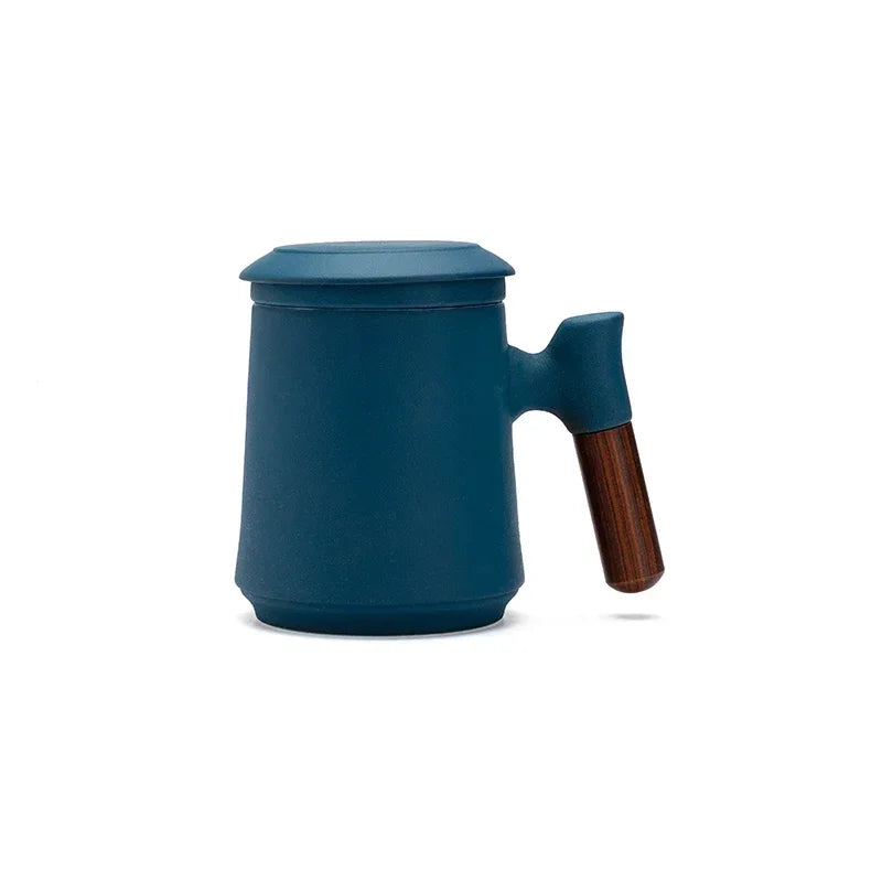 Ceramic mug bubble tea cup luxury original mugs coffee cups with lid vintage water thermal beautiful wood handle - blue