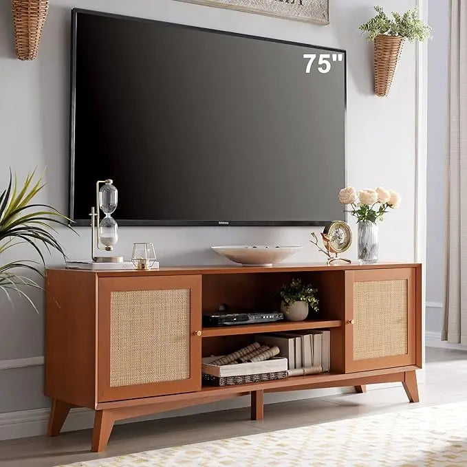 Tv stand for 75+ inch mid century modern entertainment center with natural rattan door storage shelves large boho medi