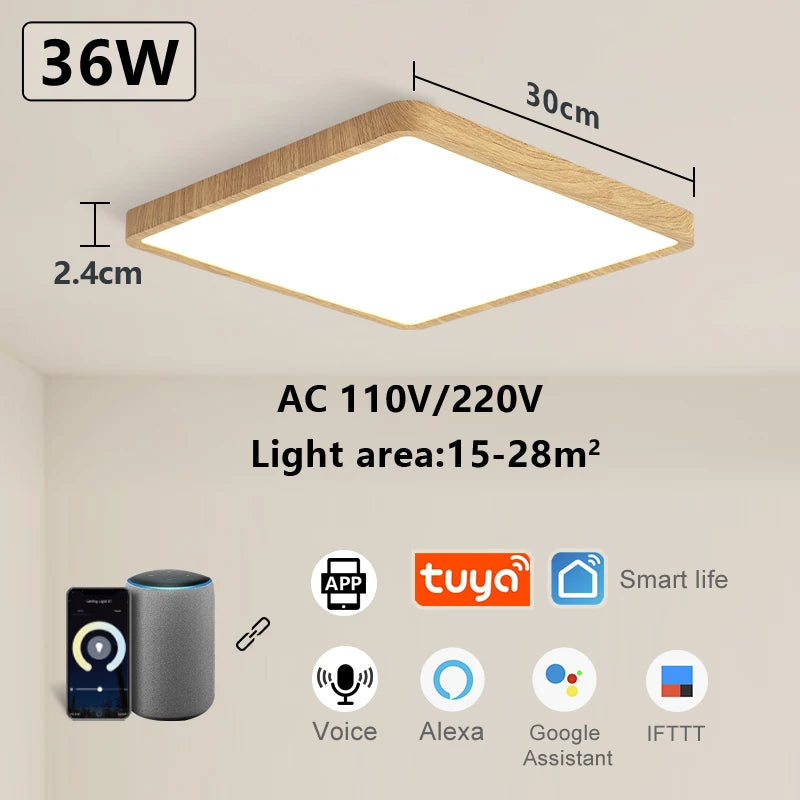 Marpou tuya smart led ceiling lamp wood grain app voice control alexa/google remote square lights living room
