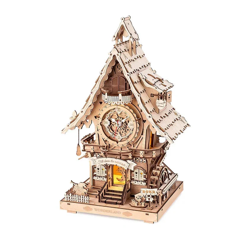 Robotime rokr 3d wooden puzzle cuckoo clock kit black forest style with working bird diy model for kids adults - wood
