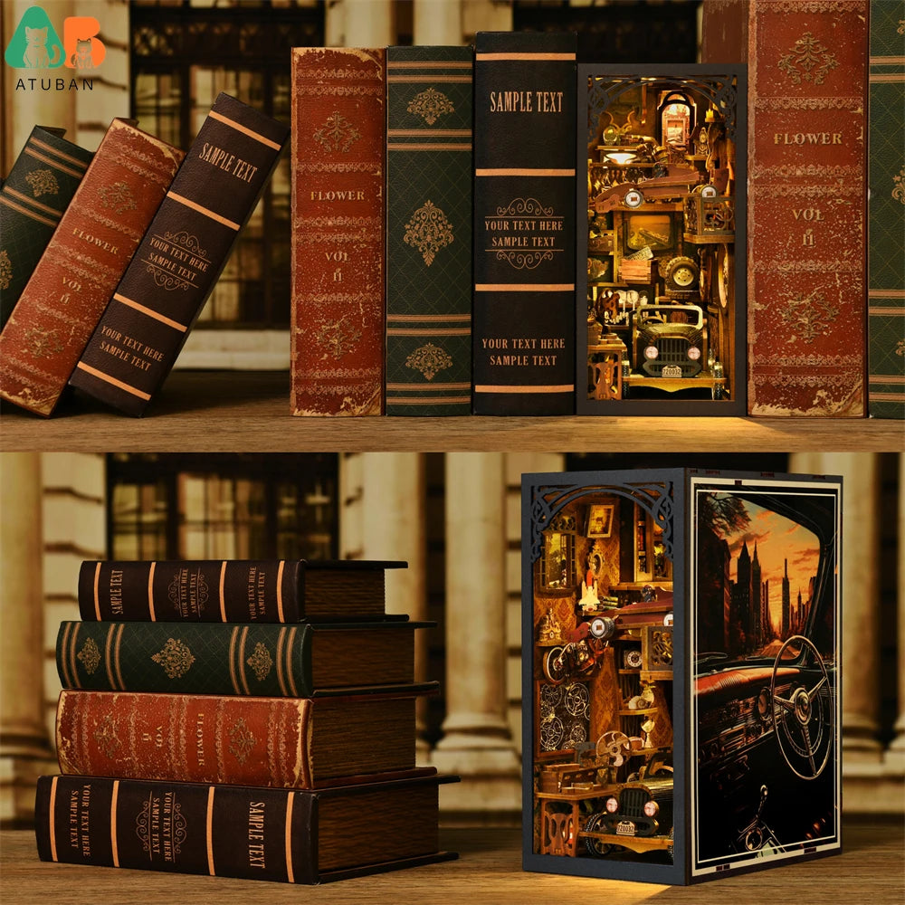 Atuban book nook kit classic car f1 diy wooden puzzle bookshelf insert decor dollhouse model bookend building