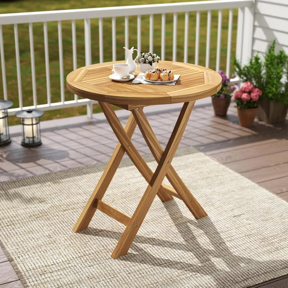 Patio teak wood dining table 27.5’’ round side with slatted tabletop sturdy x-shaped frame outdoor wooden coffe