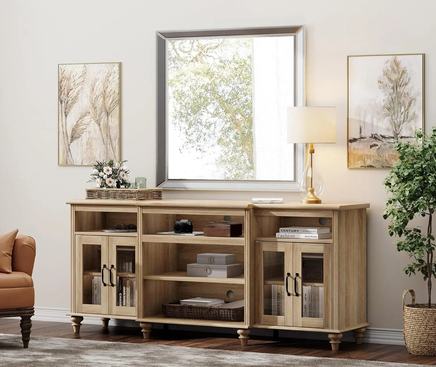 Farmhouse tv stand for tvs up to 75 inch 4-door glass and wood universal console with 9 storage cabinets oak enterta