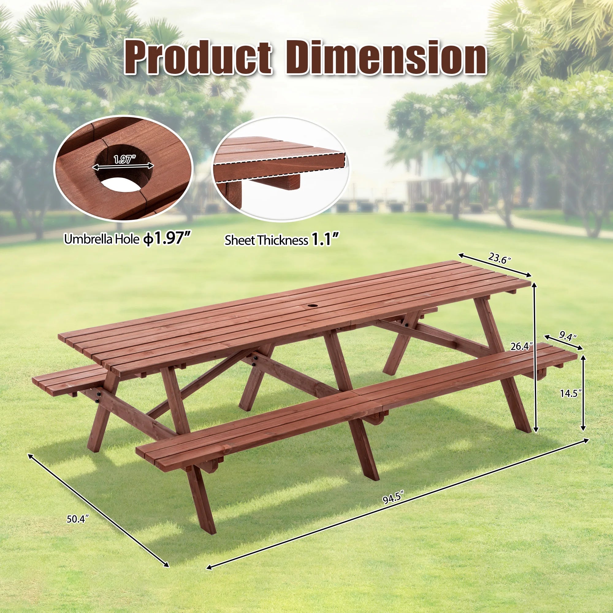 Large 12-person wooden picnic table outdoor weatherproof w/ umbrella hole ideal for bbq & gatherings - chocolate