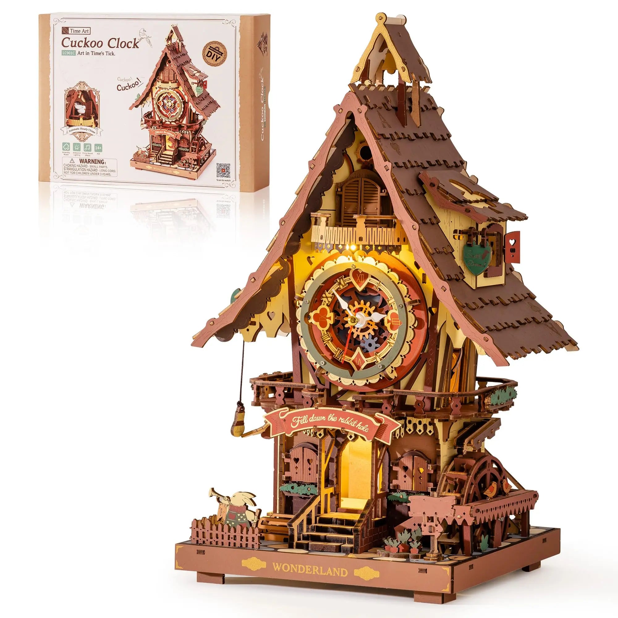 Robotime rokr cuckoo clock mechanical 3d wooden puzzle pre-colored wall building block kits home deco beautiful design