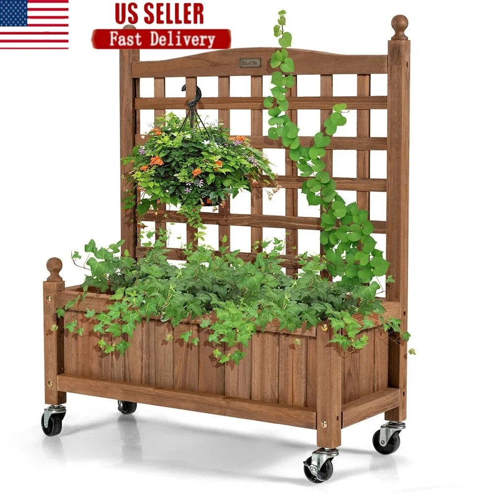 32in wooden planter box with trellis mobile raised bed climbing plants indoor outdoor garden use drainage hole