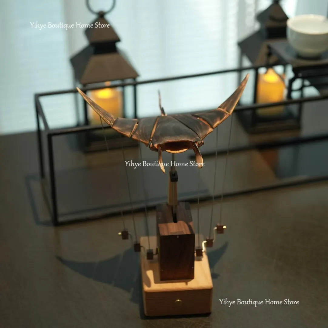 Hand-carved flying manta ray kinetic sculpture - unique wooden desktop ornament for home/office decoration & gifting