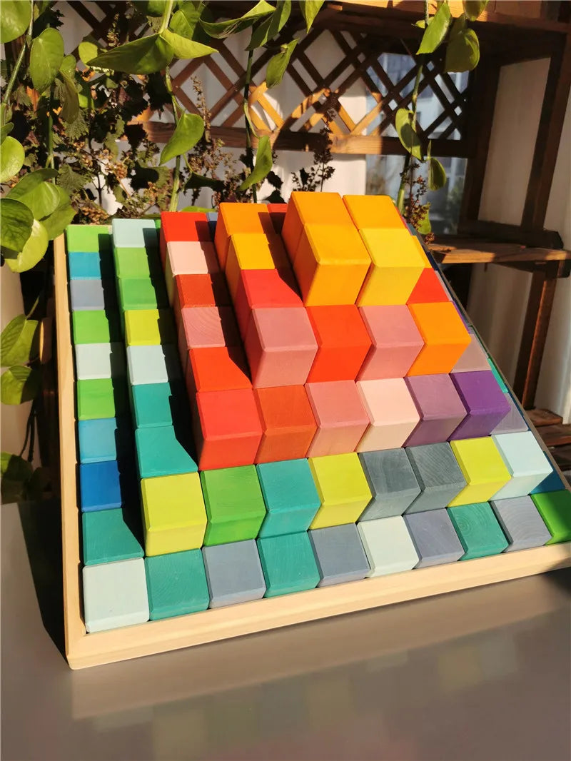 100pcs large wooden building toys basswood rainbow pyramid stacking blocks for kids creative play - game