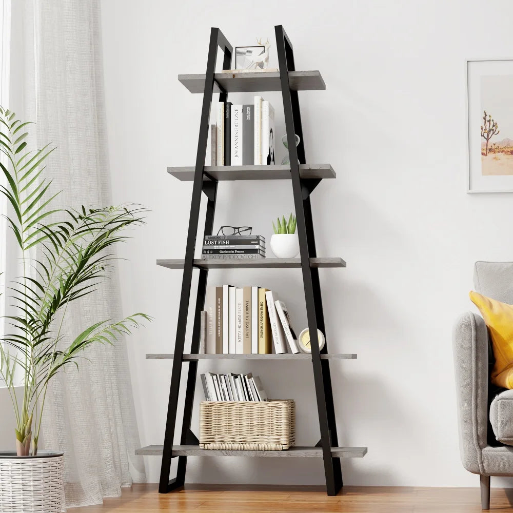 5-tier ladder shelf bookcase industrial wood bookshelf with storage rack organizer narrow open book for living room