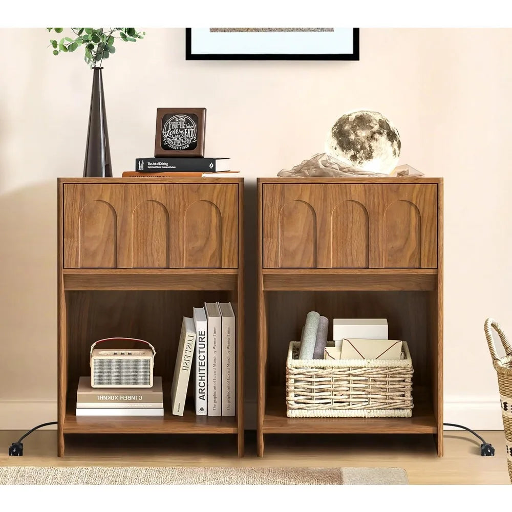 Nightstands set of 2 15.74’’ wide night stand with drawer and open storage mid-century modern wooden bed side table