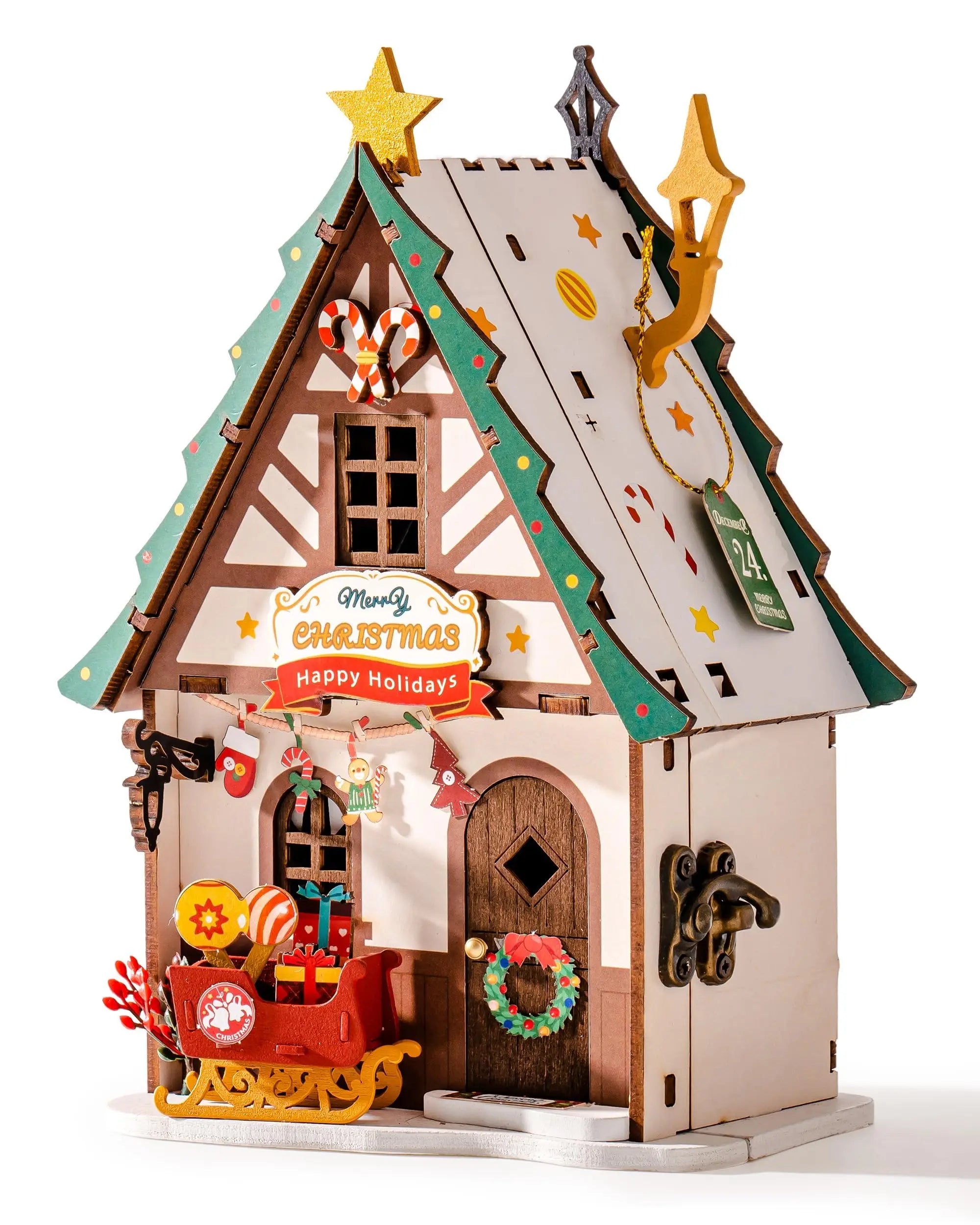 Rolife miniature wooden dollhouse collectible 3d puzzle home decor gift for teens adults twinkling christmas house