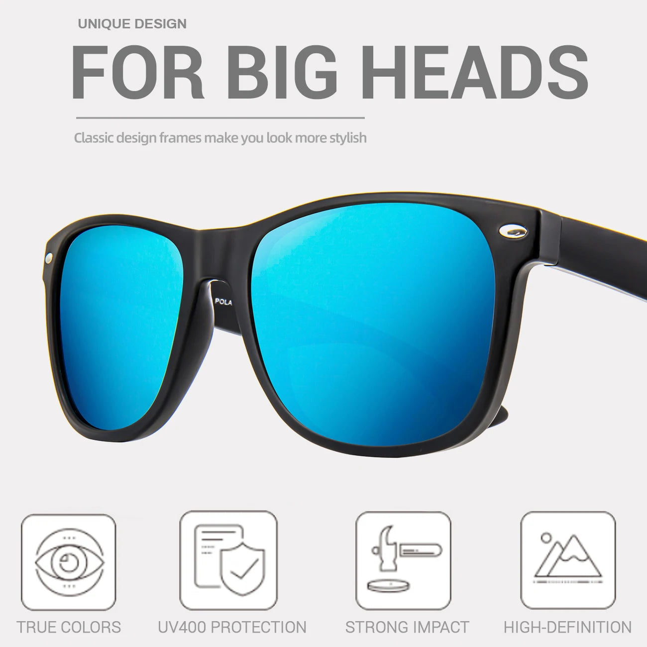 Juli polarized sunglasses for big heads men&women,uv 400 protection wood grain frame 8809 - a2 black-blue / china