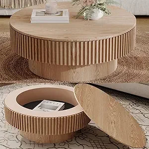 Modern circular coffee table with storage luxury drum style center solid wood veneer accent side - 31.5 storage natu