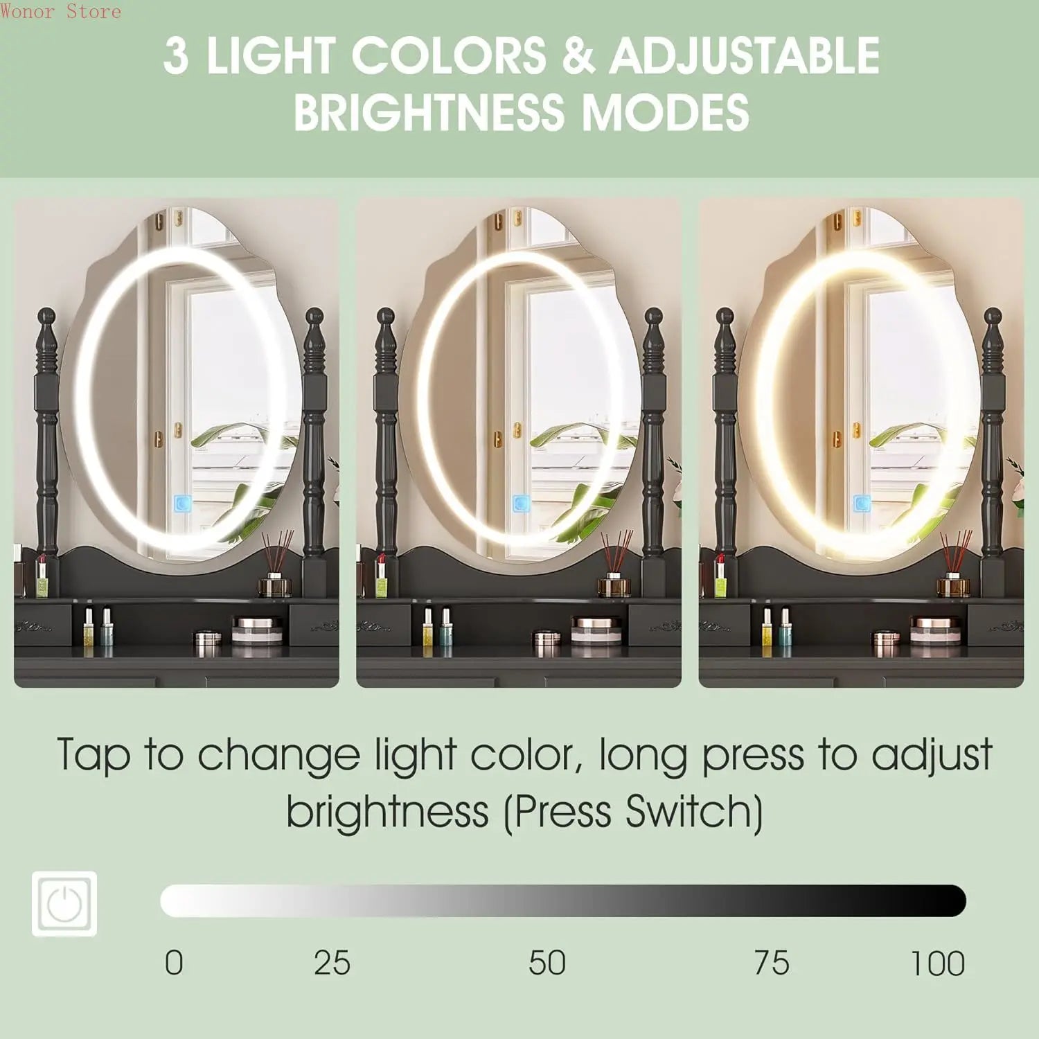 Vanity desk with mirror and lights modern makeup table cushioned stool set 4 drawers 3 color lighting modes - united