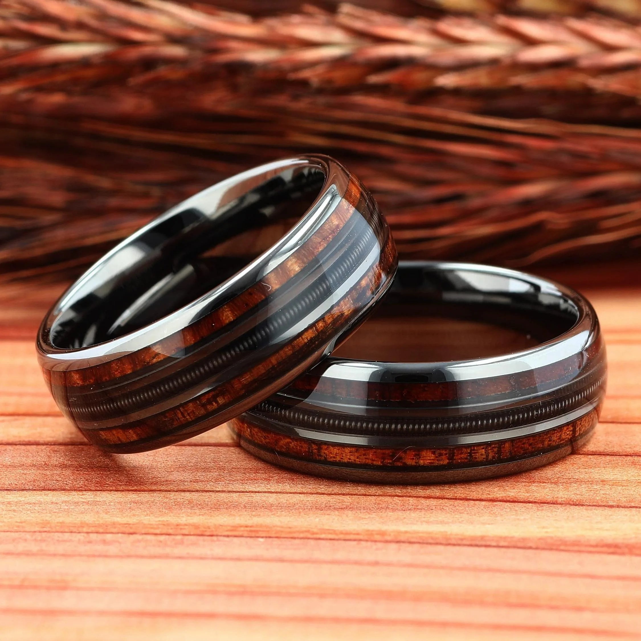 Fashion 8mm silver color stainless steel guitar string rings for men whiskey barrel wood inlay guitarist ring wedding